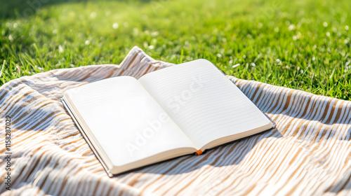 blank notebook lies open on picnic blanket under bright sun, surrounded by lush green grass, inviting creativity and inspiration