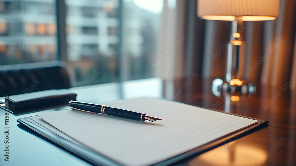 Elegant writing space featuring sleek fountain pen on notepad, with warm lamp illuminating scene. Perfect for inspiration and creativity Elegant writing space featuring sleek fountain pen on notepad, with warm lamp illuminating scene. Perfect for inspiration and creativity