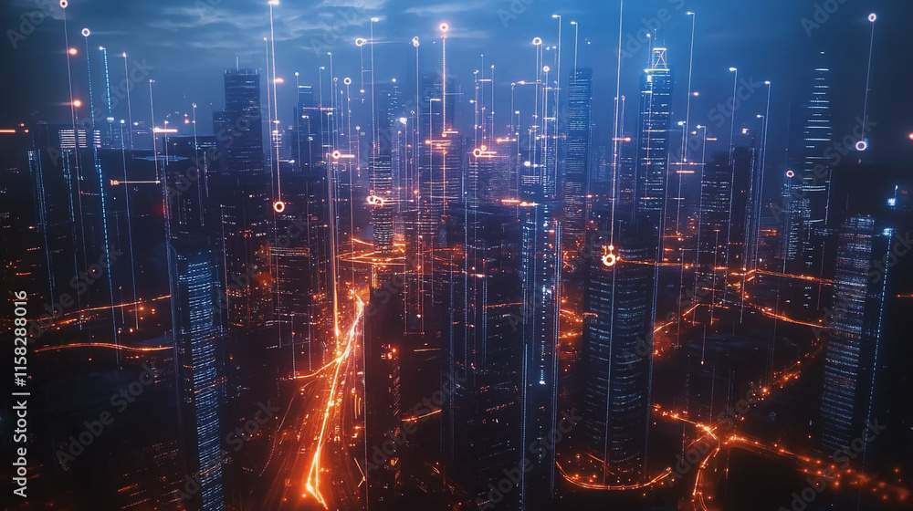 Obraz premium Smart Innovation city with connection cyber security network reciprocity over the night cityscape future wireless digital city and social media networking systems that connects people in the city