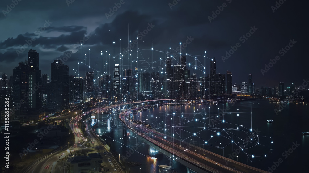 Smart Innovation city with connection cyber security network reciprocity over the night cityscape future wireless digital city and social media networking systems that connects people in the city Smart Innovation city with connection cyber security network reciprocity over the night cityscape future wireless digital city and social media networking systems that connects people in the city