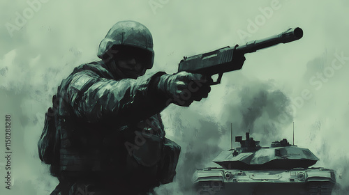 A fictional person, not based on a real person. a soldier with a gun in a hand stays by the tank . ai generated art. halation. illustration. Halation. Illustration photo