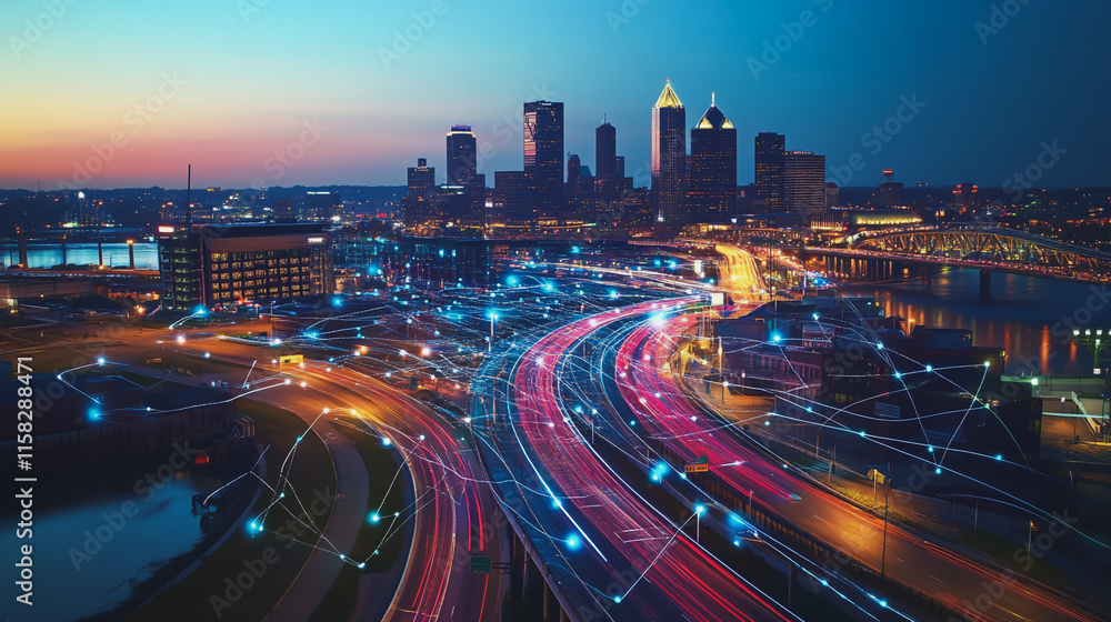 Fototapeta premium Smart Innovation city with connection cyber security network reciprocity over the night cityscape future wireless digital city and social media networking systems that connects people in the city