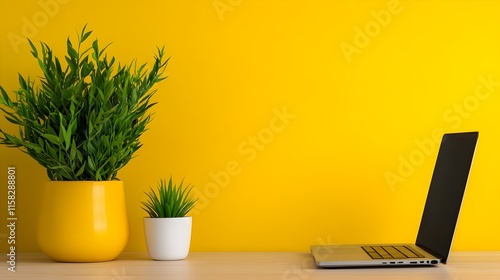 Wallpaper Mural Bright Yellow Workspace with Laptop and Green Plants for Inspiration Torontodigital.ca