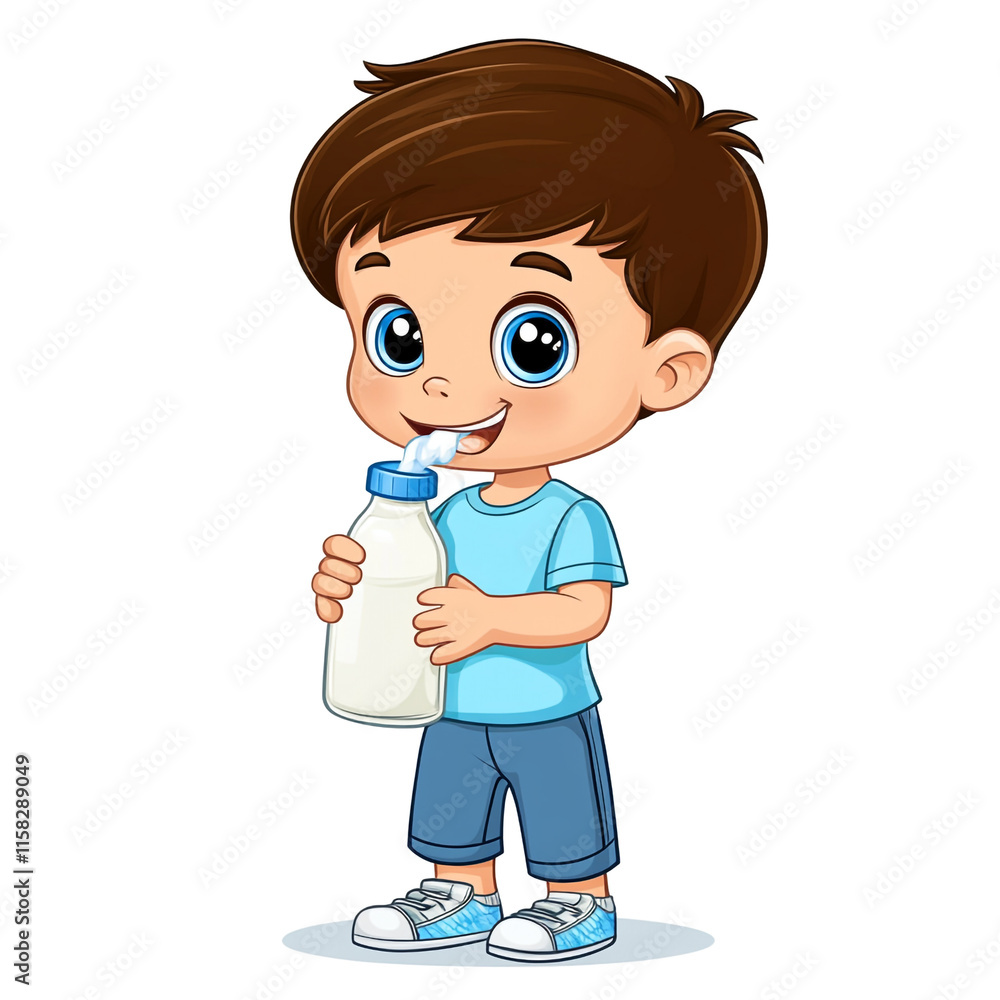 Adorable Cartoon Boy Enjoying a Refreshing Glass of Milk Adorable Cartoon Boy Enjoying a Refreshing Glass of Milk