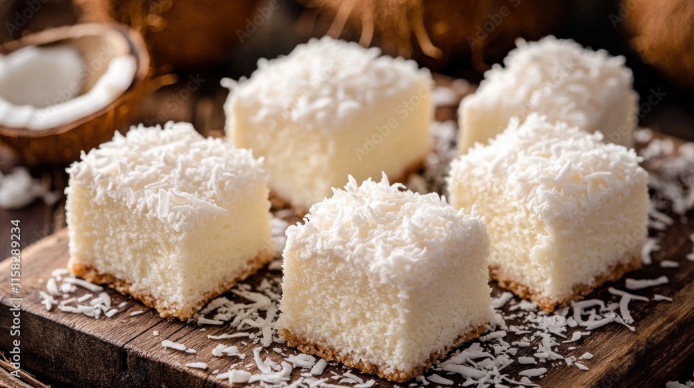 A plate of white cake with coconut flakes on top. There are six pieces of cake. The plate is on a wooden table A plate of white cake with coconut flakes on top. There are six pieces of cake. The plate is on a wooden table