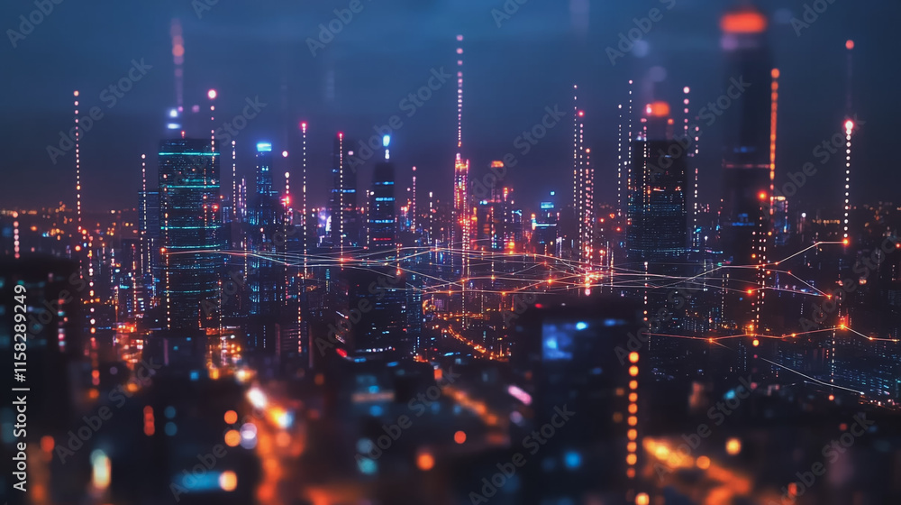 Smart Innovation city with connection cyber security network reciprocity over the night cityscape future wireless digital city and social media networking systems that connects people in the city Smart Innovation city with connection cyber security network reciprocity over the night cityscape future wireless digital city and social media networking systems that connects people in the city