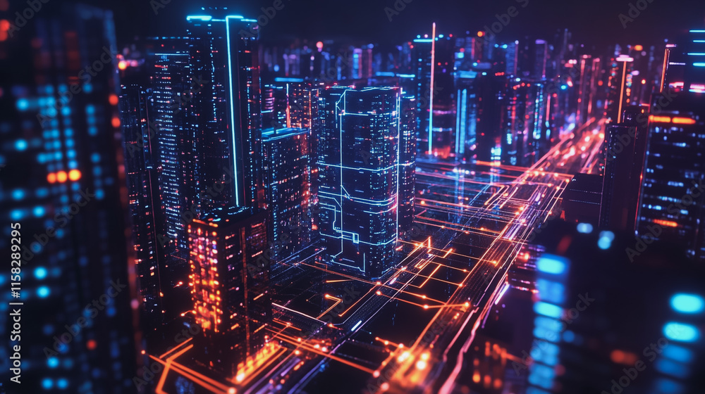 Smart Innovation city with connection cyber security network reciprocity over the night cityscape future wireless digital city and social media networking systems that connects people in the city Smart Innovation city with connection cyber security network reciprocity over the night cityscape future wireless digital city and social media networking systems that connects people in the city
