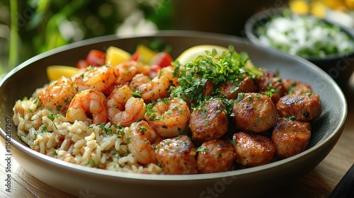 Deconstructed jambalaya plate featuring Cajun-spiced shrimp and sausage