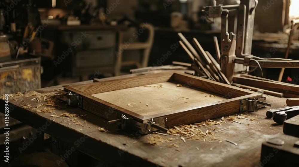 Artisanal Wooden Frame Being Crafted in a Workshop with Tools and Shavings Artisanal Wooden Frame Being Crafted in a Workshop with Tools and Shavings