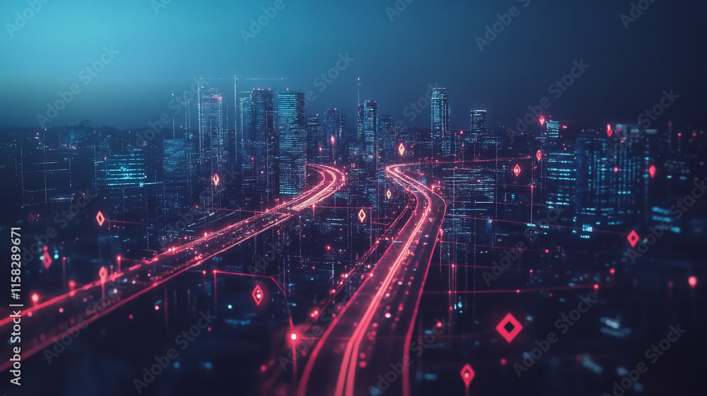 Smart Innovation city with connection cyber security network reciprocity over the night cityscape future wireless digital city and social media networking systems that connects people in the city Smart Innovation city with connection cyber security network reciprocity over the night cityscape future wireless digital city and social media networking systems that connects people in the city
