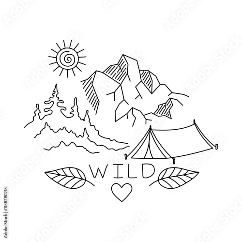 Mountain forest and tent Doodle Illustration. Camping and Travel Set. Black and white line art. Hand drawn. For textiles, clothes, backgrounds, postcards. Travel, hiking and camping concept. Vector il
