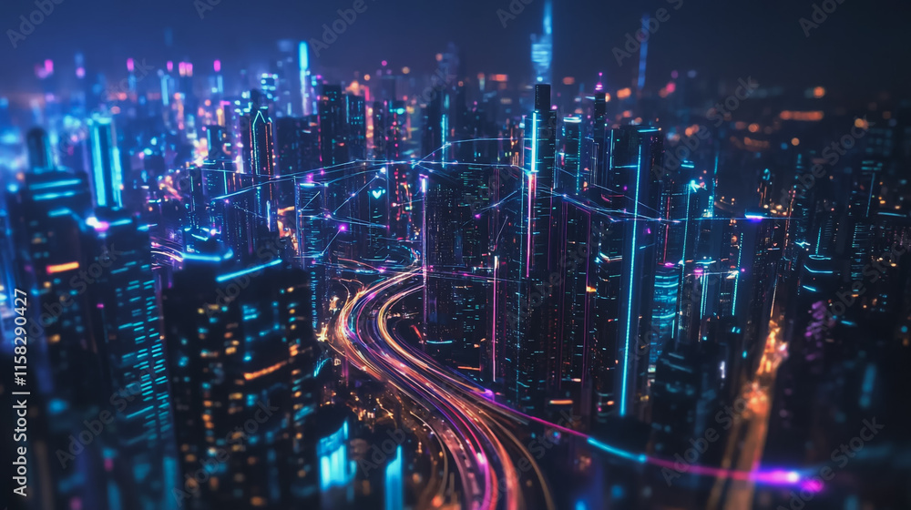 Fototapeta premium Smart Innovation city with connection cyber security network reciprocity over the night cityscape future wireless digital city and social media networking systems that connects people in the city