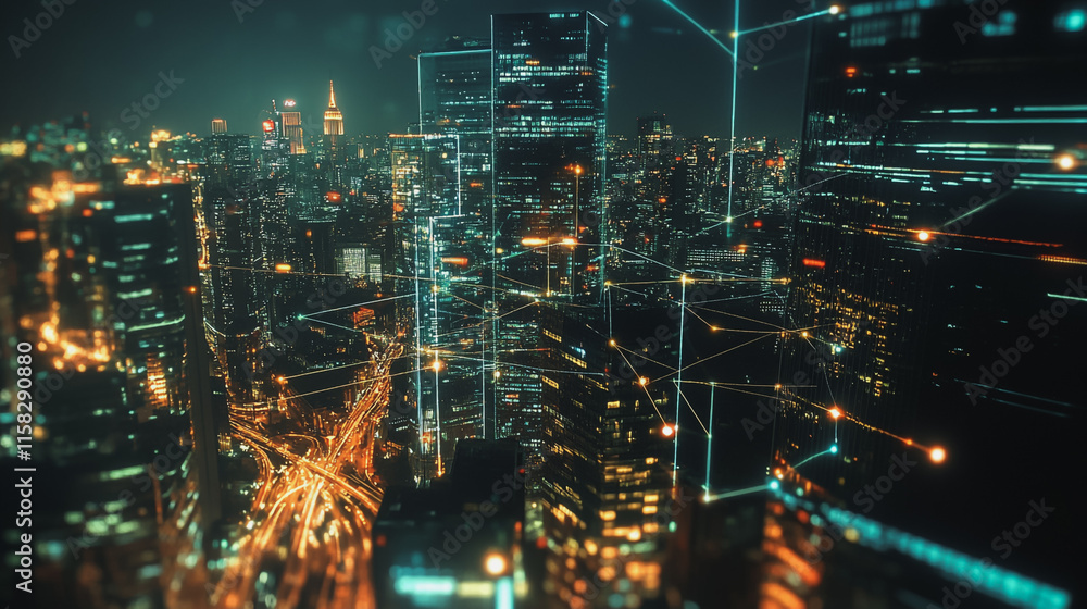 Smart Innovation city with connection cyber security network reciprocity over the night cityscape future wireless digital city and social media networking systems that connects people in the city Smart Innovation city with connection cyber security network reciprocity over the night cityscape future wireless digital city and social media networking systems that connects people in the city
