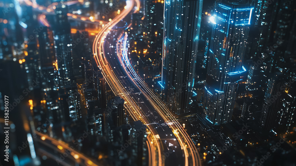 Fototapeta premium Smart Innovation city with connection cyber security network reciprocity over the night cityscape future wireless digital city and social media networking systems that connects people in the city