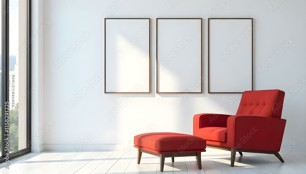 A modern living room with a red sofa, a matching ottoman, and three empty picture frames on the wall, in the afternoon with sunlight streaming in and a city view in the background A modern living room with a red sofa, a matching ottoman, and three empty picture frames on the wall, in the afternoon with sunlight streaming in and a city view in the background