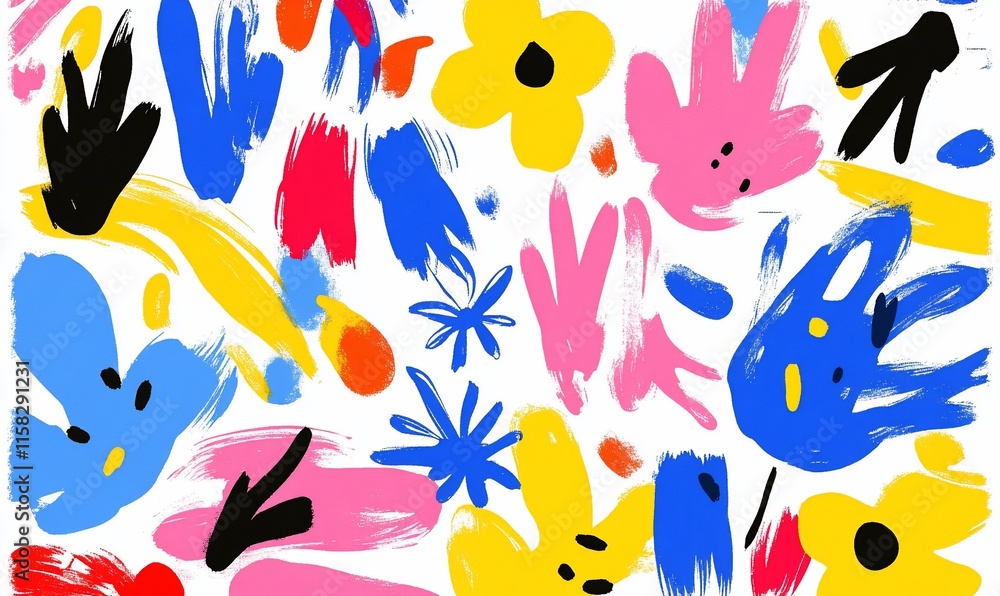 Naklejka premium A vibrant abstract design featuring colorful handprints and flowers.