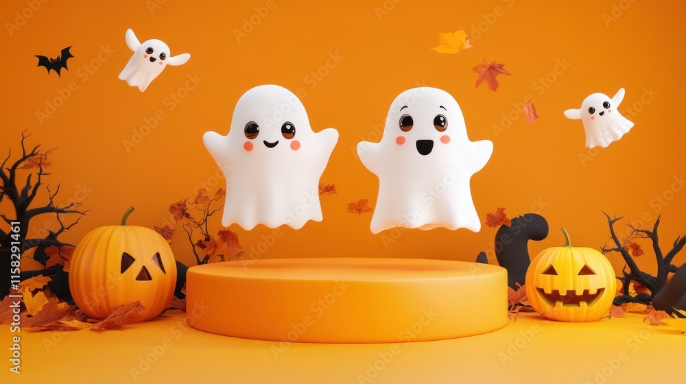 Fototapeta premium Two ghosts standing on a stage with pumpkins and bats