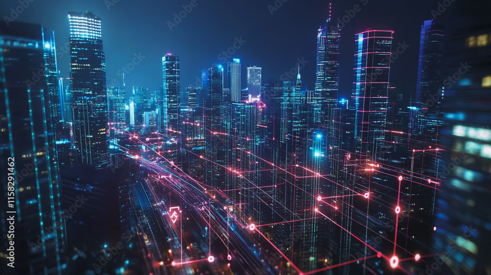 Smart Innovation city with connection cyber security network reciprocity over the night cityscape future wireless digital city and social media networking systems that connects people in the city Smart Innovation city with connection cyber security network reciprocity over the night cityscape future wireless digital city and social media networking systems that connects people in the city