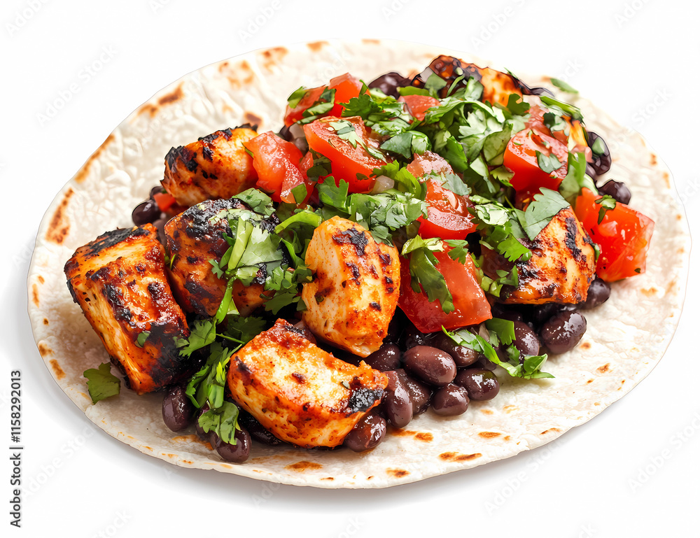 Barbecued chicken and black beans on a tortilla with a fresh tomato salad, isolated on a white background Barbecued chicken and black beans on a tortilla with a fresh tomato salad, isolated on a white background
