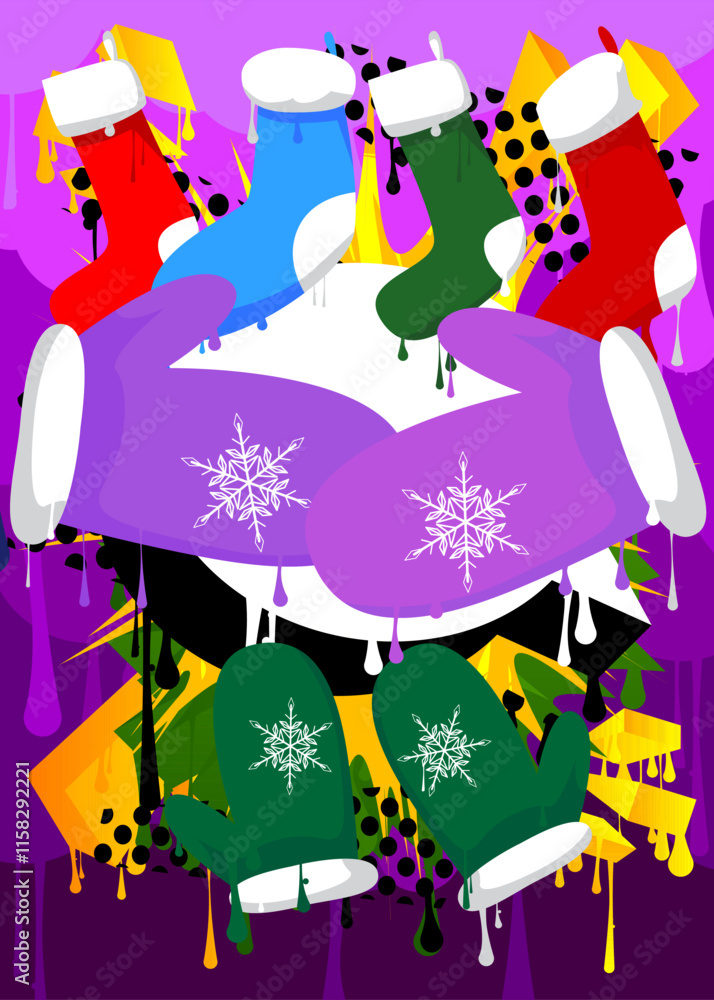 Mitten Glove and Christmas stocking graffiti. Abstract modern street art decoration performed in urban painting style. Mitten Glove and Christmas stocking graffiti. Abstract modern street art decoration performed in urban painting style.