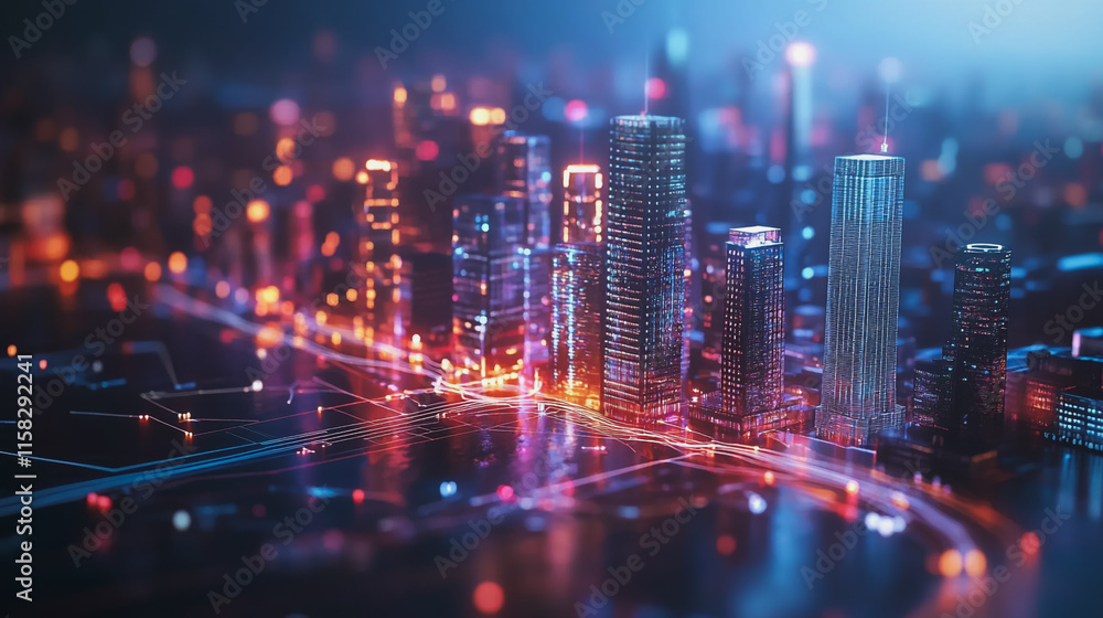 Smart Innovation city with connection cyber security network reciprocity over the night cityscape future wireless digital city and social media networking systems that connects people in the city Smart Innovation city with connection cyber security network reciprocity over the night cityscape future wireless digital city and social media networking systems that connects people in the city