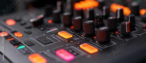 Professional Audio Mixer Console Closeup  Music Production Studio Equipment
