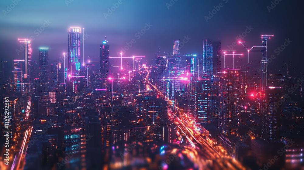 Smart Innovation city with connection cyber security network reciprocity over the night cityscape future wireless digital city and social media networking systems that connects people in the city Smart Innovation city with connection cyber security network reciprocity over the night cityscape future wireless digital city and social media networking systems that connects people in the city