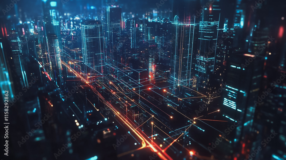 Smart Innovation city with connection cyber security network reciprocity over the night cityscape future wireless digital city and social media networking systems that connects people in the city Smart Innovation city with connection cyber security network reciprocity over the night cityscape future wireless digital city and social media networking systems that connects people in the city