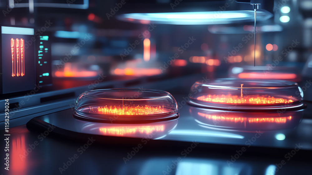 A futuristic lab researching infectious diseases, glowing petri dishes and advanced scanning tools showing real-time breakthroughs A futuristic lab researching infectious diseases, glowing petri dishes and advanced scanning tools showing real-time breakthroughs
