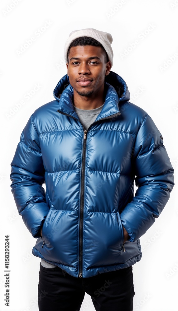 African American man in blue puffer jacket against white background. For casual winter fashion and urban lifestyle. African American man in blue puffer jacket against white background. For casual winter fashion and urban lifestyle.