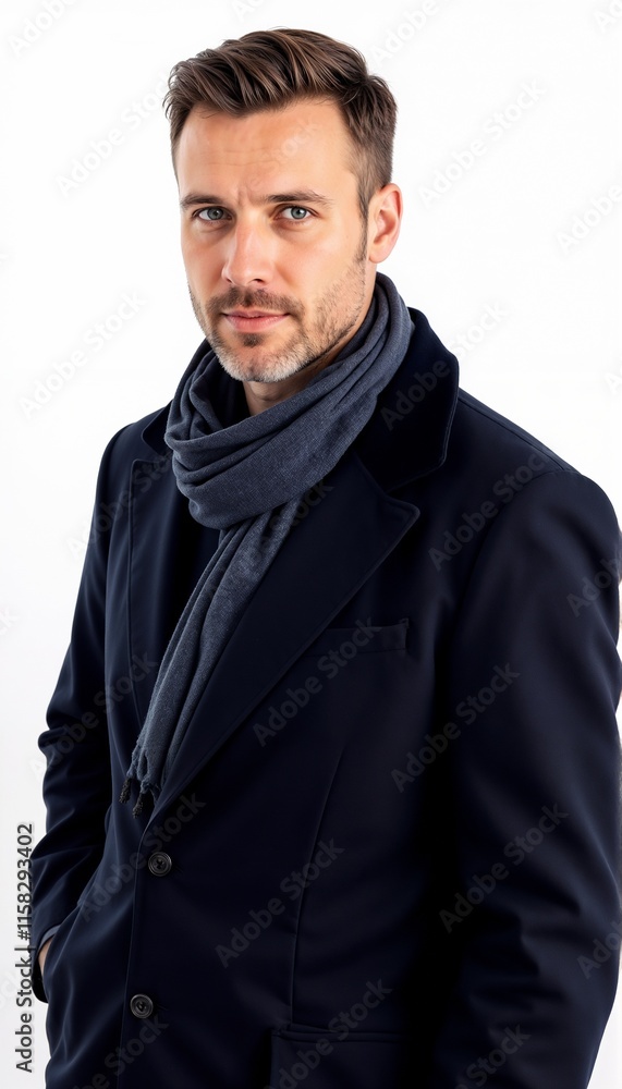 Man in navy coat with scarf on white background. For business and formal winter fashion. Man in navy coat with scarf on white background. For business and formal winter fashion.