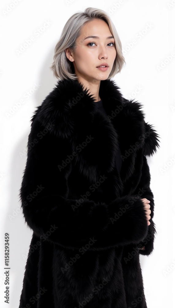 Asian woman in black fur coat on white background. For luxury fashion and high-end winter wear campaigns. Asian woman in black fur coat on white background. For luxury fashion and high-end winter wear campaigns.