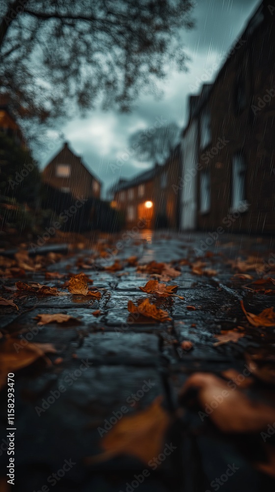 Moody autumn scene with wet pavement and fallen leaves under soft streetlight glow. Moody autumn scene with wet pavement and fallen leaves under soft streetlight glow.