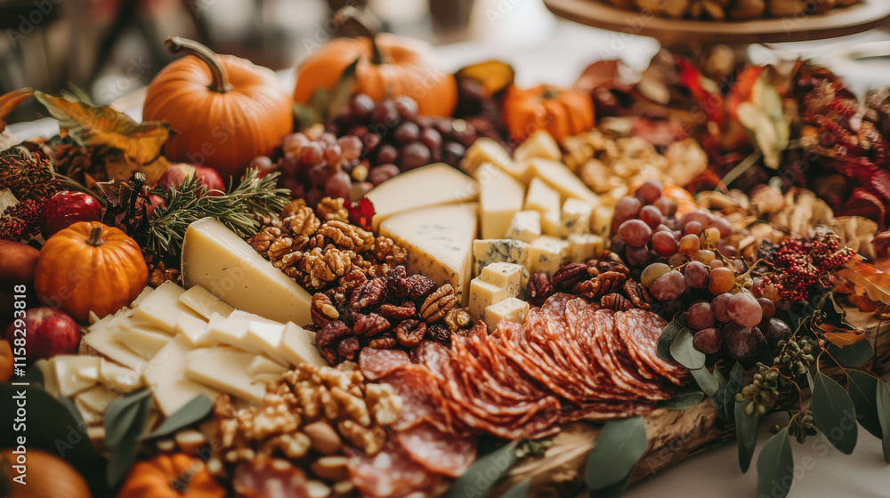 Fototapeta premium Thanksgiving Grazing Board with Assorted Cheeses, Fruits, and Decorative Pumpkins