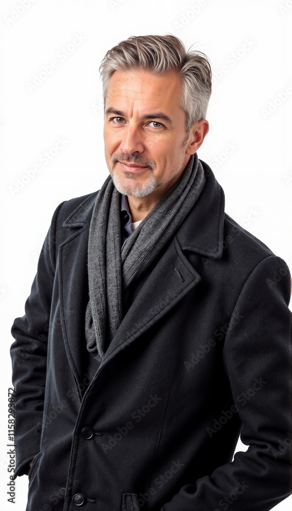 Mature man in black coat with gray scarf on white background. For business and formal winter wear. Mature man in black coat with gray scarf on white background. For business and formal winter wear.