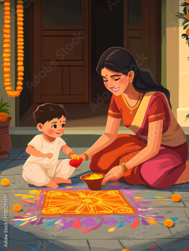 A bright, casual, animated visual in an Indian-inspired art style, depicting a mother and her 10-month-old baby creating a rangoli outside their home in preparation for Diwali. The mother, dressed in 