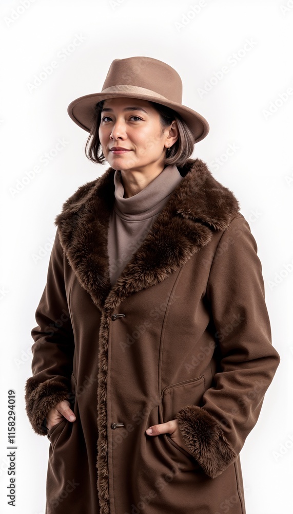 Asian woman in brown coat with hat on white background. For mature fashion and winter wear. Asian woman in brown coat with hat on white background. For mature fashion and winter wear.