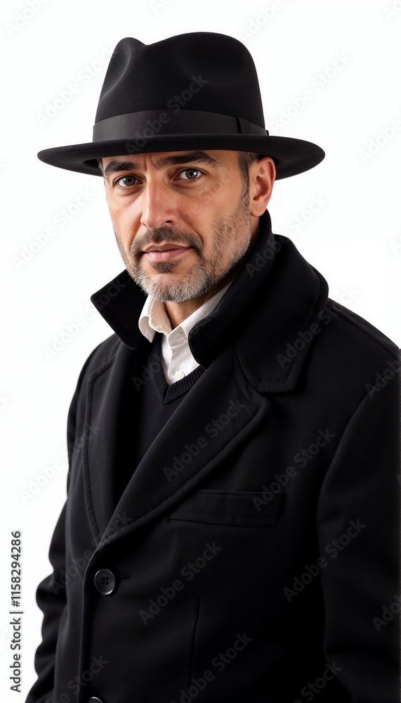 Man in black wool coat with fedora on white background. For business fashion and formal wear retailers. Man in black wool coat with fedora on white background. For business fashion and formal wear retailers.