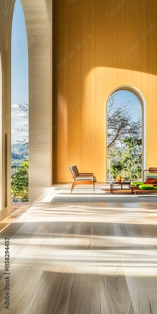 Fototapeta premium Modern interior design featuring large windows and natural light in a serene setting