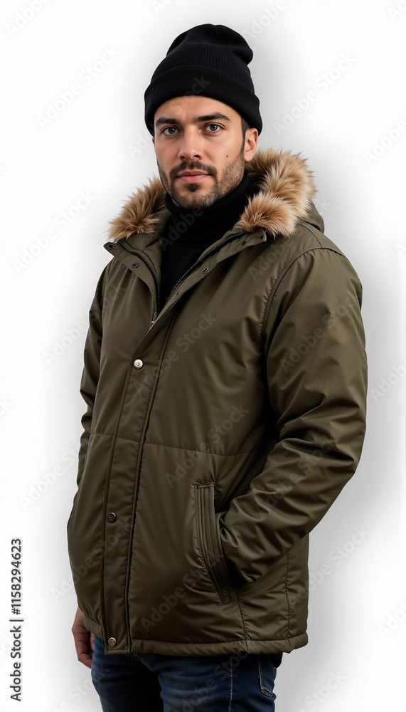 Man in olive parka with fur hood on white background. For outdoor wear and winter fashion. Man in olive parka with fur hood on white background. For outdoor wear and winter fashion.