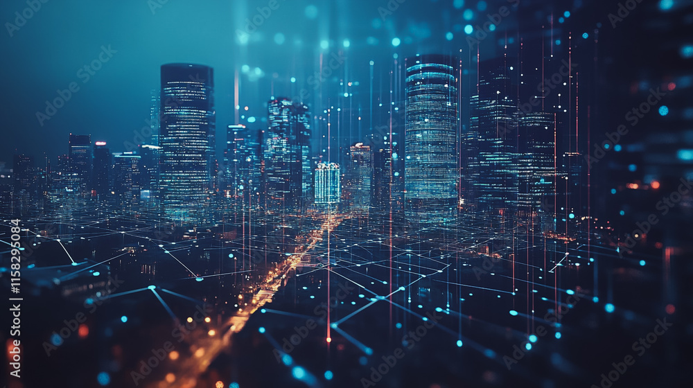 Smart Innovation city with connection cyber security network reciprocity over the night cityscape future wireless digital city and social media networking systems that connects people in the city Smart Innovation city with connection cyber security network reciprocity over the night cityscape future wireless digital city and social media networking systems that connects people in the city