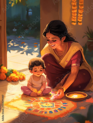 A bright, casual, animated visual in an Indian-inspired art style, depicting a mother and her 10-month-old baby creating a rangoli outside their home in preparation for Diwali. The mother, dressed in 