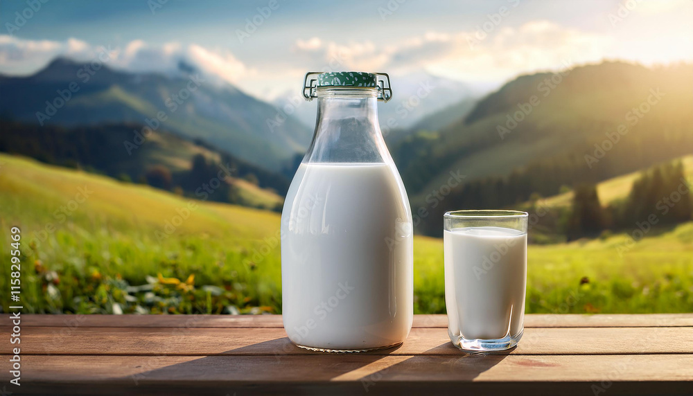 Glass bottle of fresh milk on table with blurred hills in natural background
Glass bottle of fresh milk on table with blurred hills in natural background