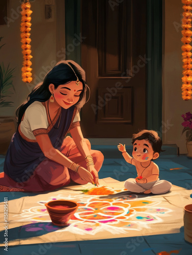A bright, casual, animated visual in an Indian-inspired art style, depicting a mother and her 10-month-old baby creating a rangoli outside their home in preparation for Diwali. The mother, dressed in 