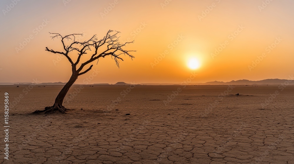 Sunset over barren landscape with lone tree desert environment nature photography serenity in drought Sunset over barren landscape with lone tree desert environment nature photography serenity in drought