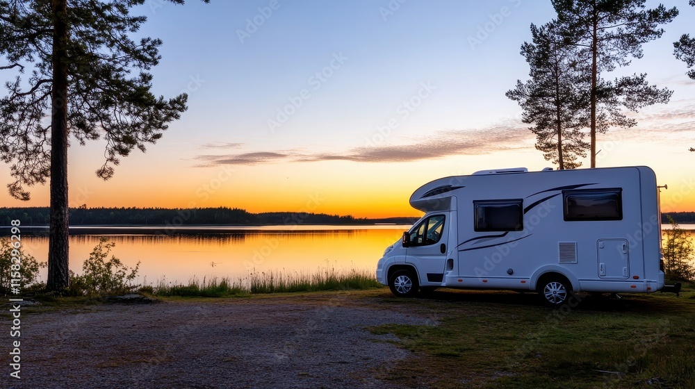 Camping adventure at sunset by the lake rv travel experience serene natural environment scenic viewpoint Camping adventure at sunset by the lake rv travel experience serene natural environment scenic viewpoint