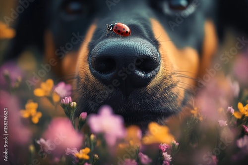 Springtime Snuggles Adorable Dog with Ladybug on Nose Enjoys Sunny Day in Flower Field