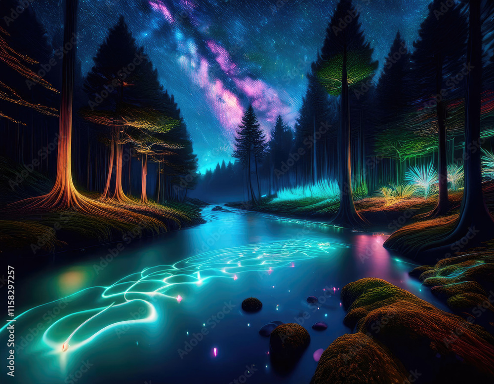 Fototapeta premium A mystical forest filled with bioluminescent plants and a glowing river under a starry sky