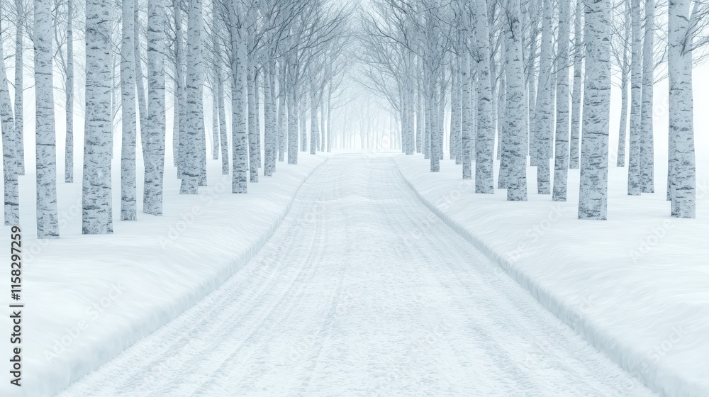 Obraz premium Snowy Birch Tree Lane Winter Road Scene Cold Serene Peaceful