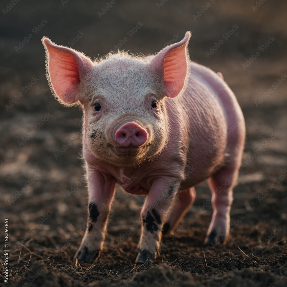 A baby piglet with pink skin and a curly tail. A baby piglet with pink skin and a curly tail.